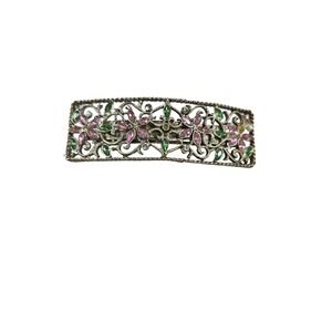 Vintage Filigree Hair Barrette Silver Tone Pink Green Rhinestone French Clip